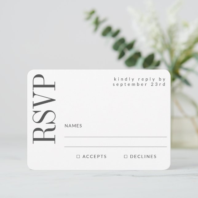 Minimalist Black White Modern Elegant Wedding RSVP Card (Standing Front)