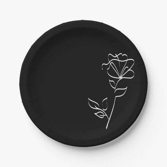 Minimalist Black White Modern Floral  Paper Plates (Front)