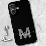 Minimalist Black White Modern Name Monogram iPhone 16 Case<br><div class="desc">Personalized Minimalist Black And White Script Initial Monogram Phone Case. Add a touch of luxury and elegance to your phone with this personalized phone case. Featuring a sleek black background, a bold gray initial, and a flowing white script name, this design combines sophistication with modern style. Perfect for anyone who...</div>
