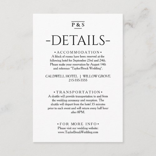 Minimalist Black  White Monogram Wedding Details Enclosure Card