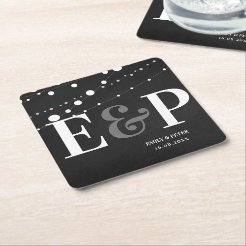 Minimalist Black White Monogram Wedding Party Square Paper Coaster