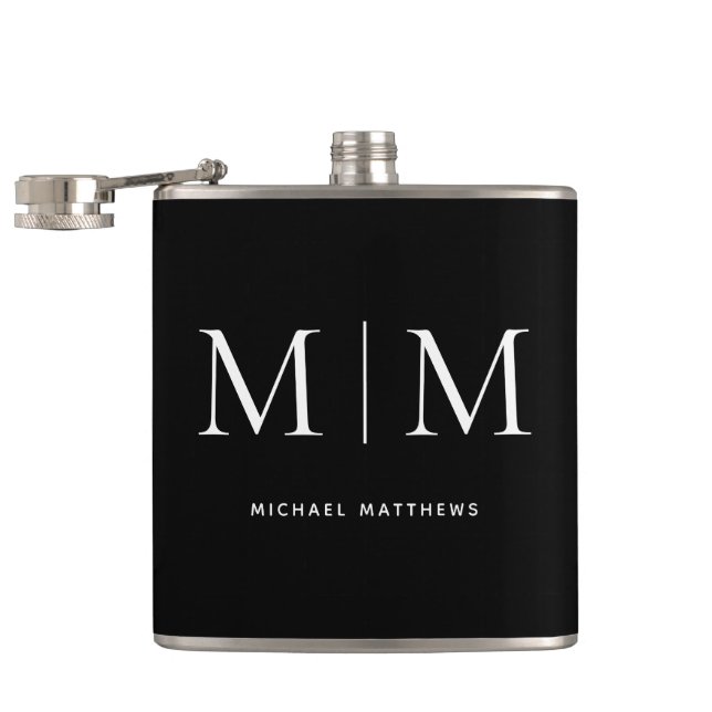 Minimalist Black White Monogrammed Initial Name Flask (Opened)