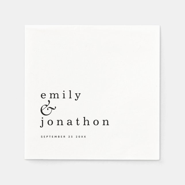 Minimalist Black White Names Date Wedding Napkins (Front)