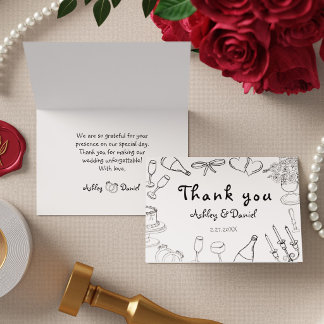 Minimalist Black & White Newlyweds Doodle Wedding Thank You Card