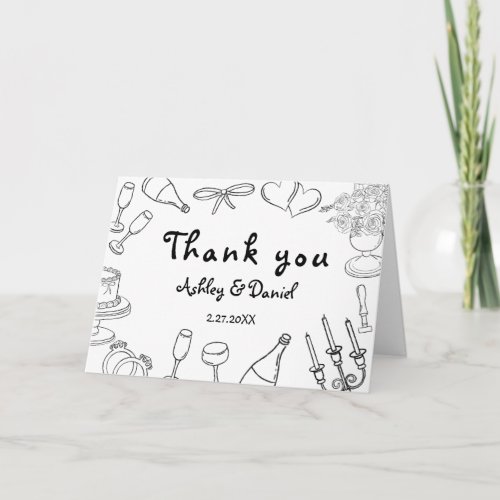 Minimalist Black & White Newlyweds Doodle Wedding Thank You Card