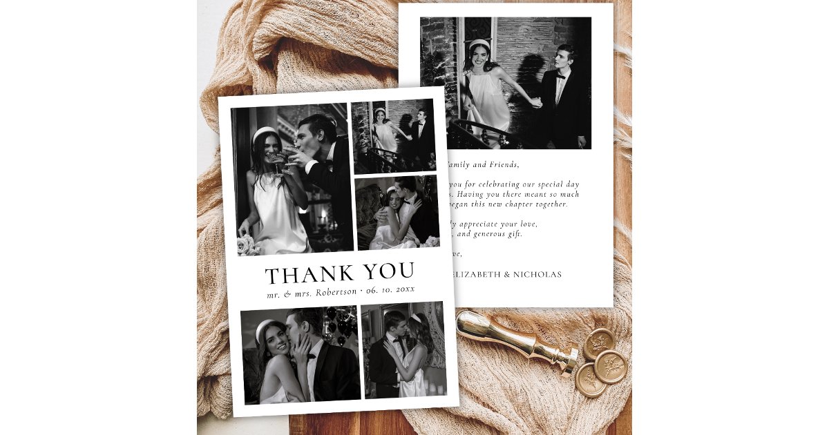 Minimalist Black White Photo Collage Wedding Thank You Card | Zazzle
