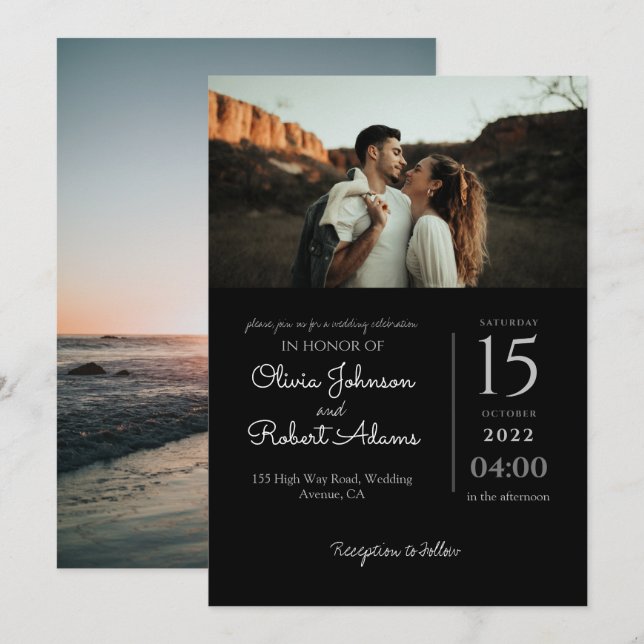 Minimalist Black White Photo Wedding Invitation (Front/Back)