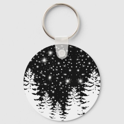 Minimalist black white pine forest night sky stars keychain