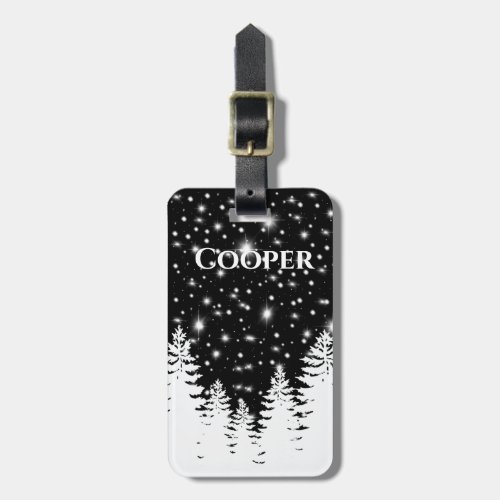 Minimalist black white pine forest night sky stars luggage tag