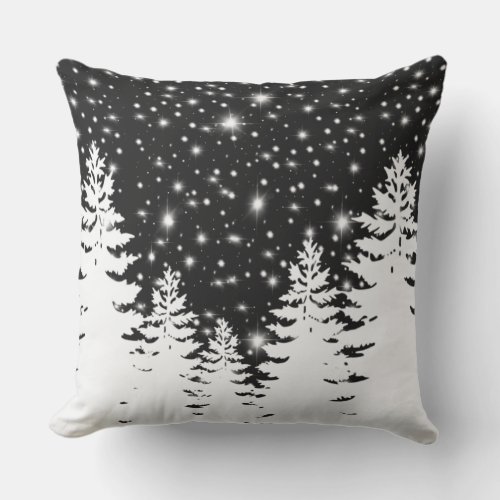 Minimalist black white pine forest night sky stars outdoor pillow