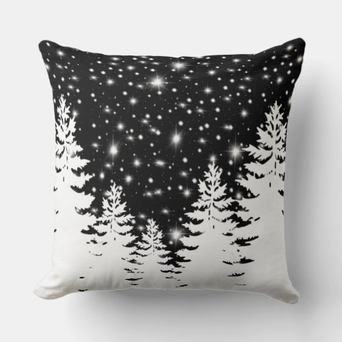 Minimalist black white pine forest night sky stars throw pillow