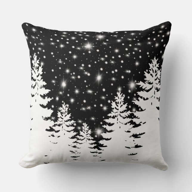 Minimalist black white pine forest night sky stars throw pillow (Front)