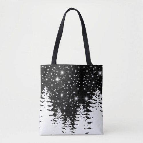 Minimalist black white pine forest night sky stars tote bag