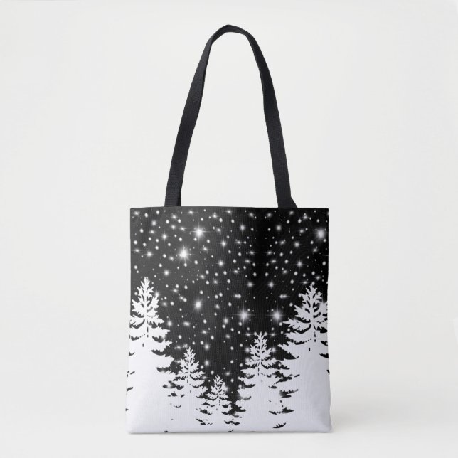 Minimalist black white pine forest night sky stars tote bag (Front)