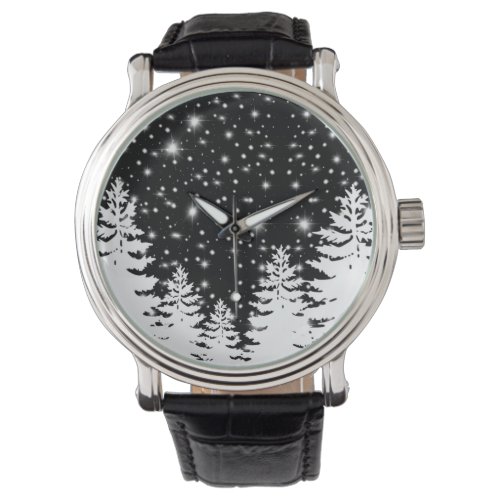 Minimalist black white pine forest night sky stars watch