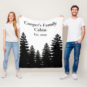 Minimalist black white pine tree silhouette fleece blanket