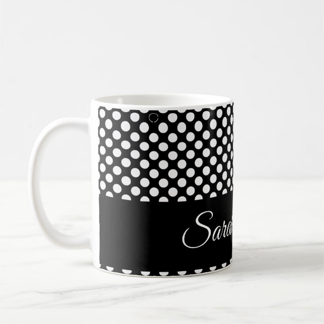 Minimalist Black & White Polka Dots Custom Name Coffee Mug (Left)