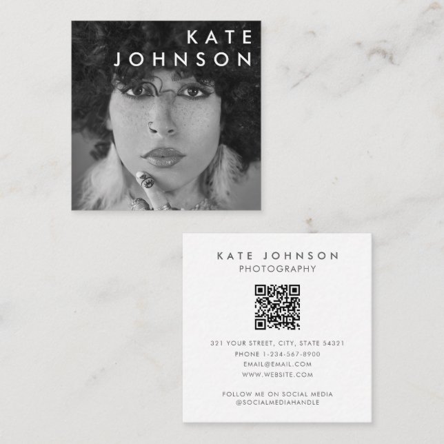 Minimalist Black White Professional Photo QR Code Square Business Card (Front/Back)