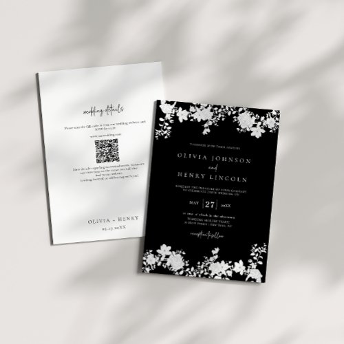 Minimalist Black  White QR Code Floral Wedding  Invitation