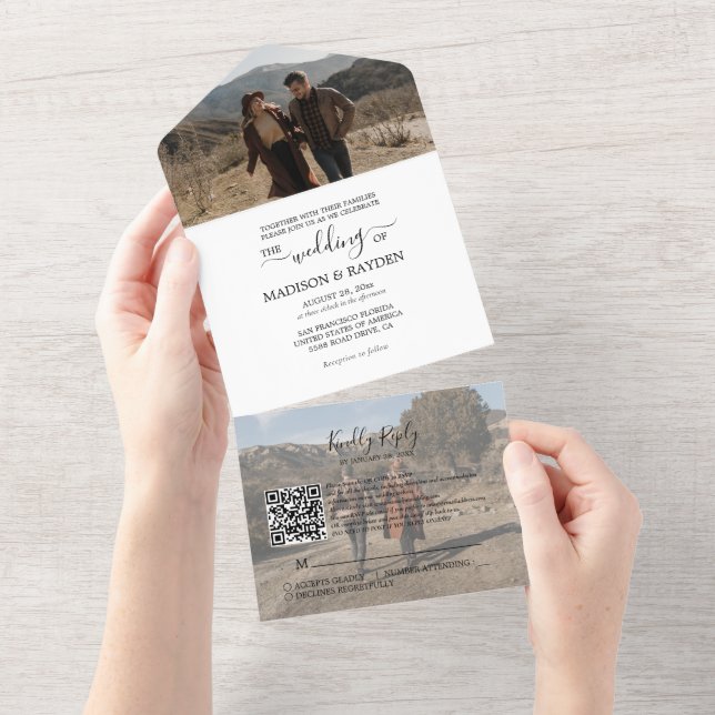 Minimalist Black White QR Code RSVP Wedding All In One Invitation (Tearaway)