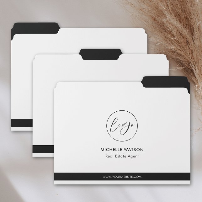 Minimalist Black & White Real Estate Business Logo File Folder (Modern branded business logo folders in black and white)