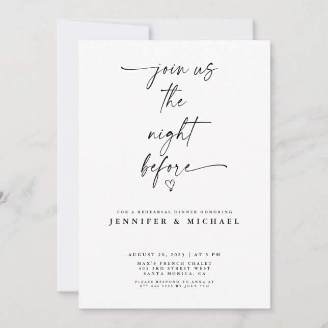 Minimalist Black & White Rehearsal Dinner Invitation (Front)