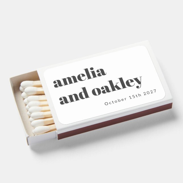 Minimalist Black White Retro Custom Wedding Names Matchboxes (Front Open)