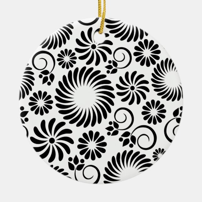 Minimalist Black White Retro Spiral Flower Pattern Ceramic Ornament (Front)