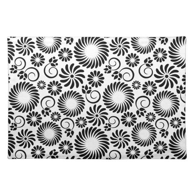 Minimalist Black White Retro Spiral Flower Pattern Cloth Placemat (Front)