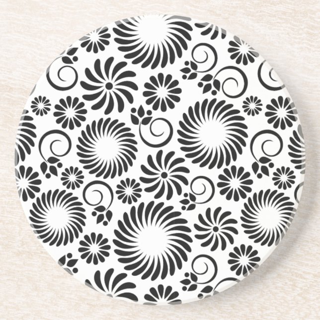 Minimalist Black White Retro Spiral Flower Pattern Coaster (Front)