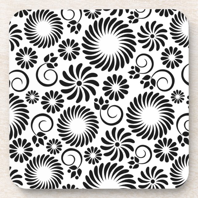 Minimalist Black White Retro Spiral Flower Pattern Drink Coaster (Front)