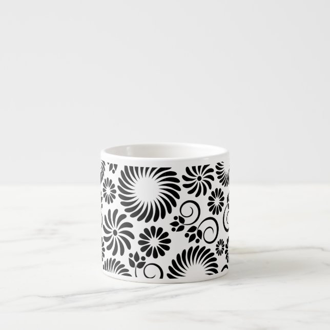 Minimalist Black White Retro Spiral Flower Pattern Espresso Cup (Front)