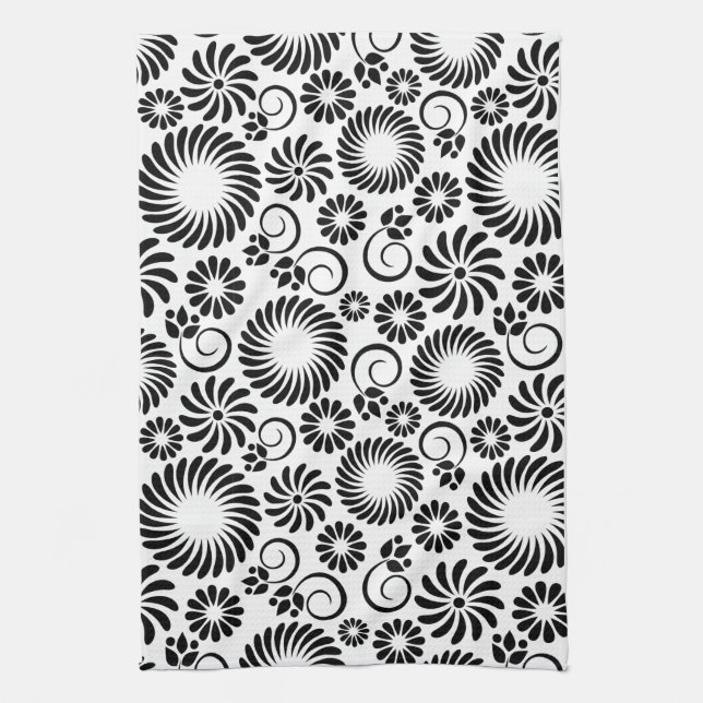 Minimalist Black White Retro Spiral Flower Pattern Kitchen Towel (Vertical)