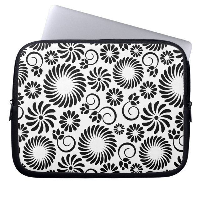 Minimalist Black White Retro Spiral Flower Pattern Laptop Sleeve (Front)