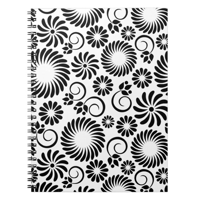 Minimalist Black White Retro Spiral Flower Pattern Notebook (Front)