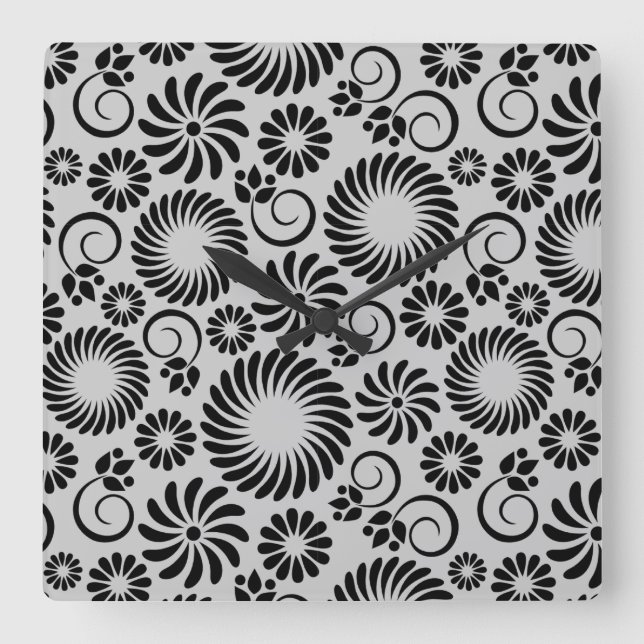 Minimalist Black White Retro Spiral Flower Pattern Square Wall Clock (Front)