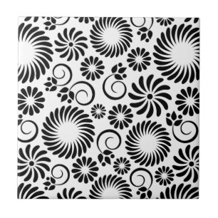 Minimalist Black White Retro Spiral Flower Pattern Tile