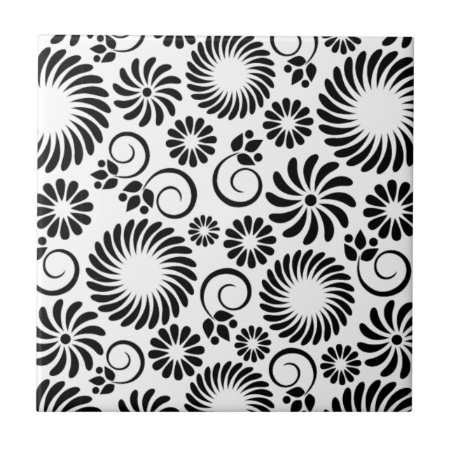 Minimalist Black White Retro Spiral Flower Pattern Tile (Front)