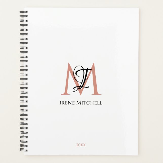 Minimalist Black White Rose Gold Monogram Name Planner (Front)