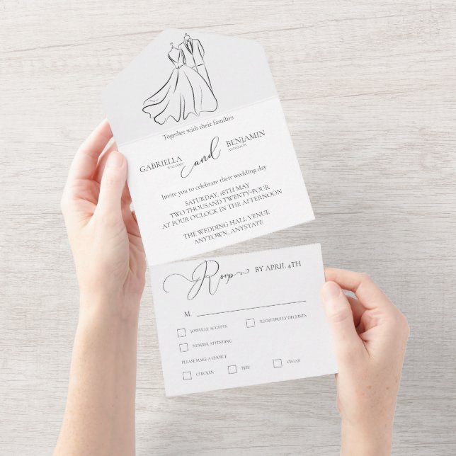 Minimalist Black White Script Formal Wedding All In One Invitation (Tearaway)