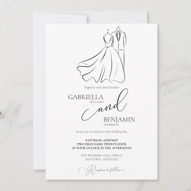 Minimalist Black White Script Formal Wedding Invitation (Front)