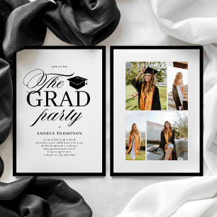 Minimalist Black White Script Grad Party Photo Invitation