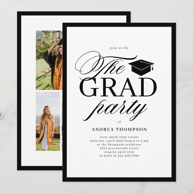 Minimalist Black White Script Grad Party Photo  Invitation (Front/Back)