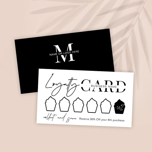 Minimalist Black White Script Logo Cupcake Bakery  Loyalty Card