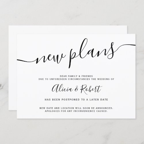 minimalist black white script postponed new plans invitation