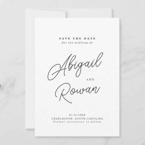 Minimalist Black White Script Save the Date Card