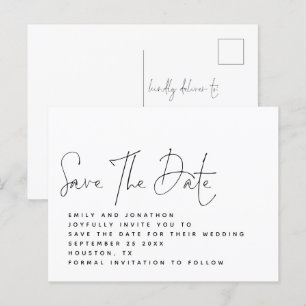 Minimalist Black White Script Save The Date Postcard