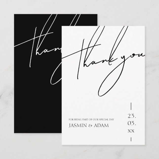 Minimalist Black White Script Typography Wedding Thank You Card (Front/Back)