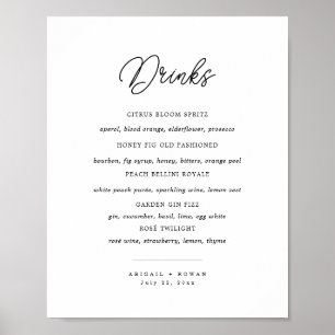 Minimalist Black White Script Wedding Bar Menu Poster
