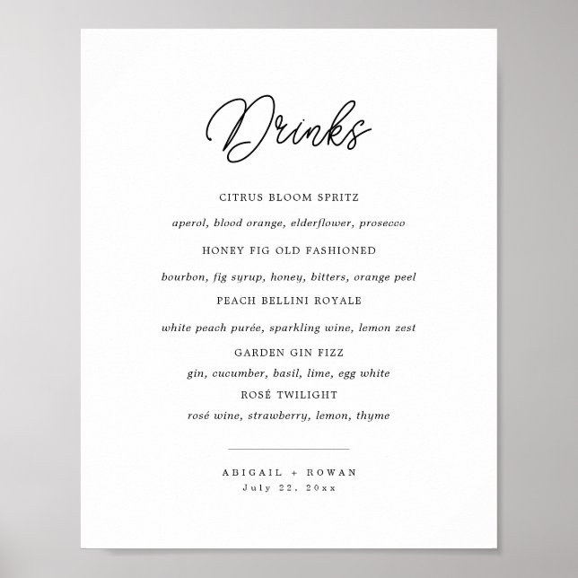 Minimalist Black White Script Wedding Bar Menu Poster (Front)